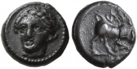 IONIA. Phygela. Circa 350-300 BC. Hemichalkon (Bronze, 8 mm, 0.79 g, 7 h). Laureate head of Artemis Munychia facing slightly to left. Rev. ΦYΓ Bull bu...
