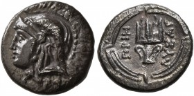 IONIA. Priene. Circa 290-250 BC. Diobol (Silver, 12 mm, 1.38 g, 11 h), Lysagoras, magistrate. Head of Athena to left, wearing crested Attic helmet. Re...
