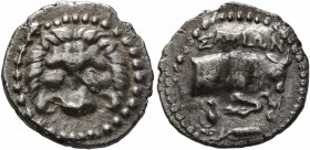 ISLANDS OFF IONIA, Samos. Circa 210-185 BC. Tetrobol (Silver, 17 mm, 2.41 g, 11 h). Facing scalp of a lion. Rev. ΣΑΜΙΩΝ Forepart of a bull butting rig...