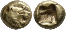 KINGS OF LYDIA. Alyattes II to Kroisos, circa 610-546 BC. Hemihekte – 1/12 Stater (Electrum, 7 mm, 1.18 g), Sardes. Head of a lion with sun and rays o...