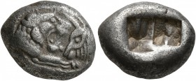 KINGS OF LYDIA. Kroisos, circa 560-546 BC. Siglos (Silver, 16 mm, 5.28 g), Sardes. Confronted foreparts of a lion and a bull. Rev. Two incuse squares,...