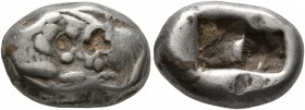 KINGS OF LYDIA. Kroisos, circa 560-546 BC. Siglos (Silver, 16 mm, 5.28 g), Sardes. Confronted foreparts of a lion and a bull. Rev. Two incuse squares,...