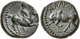 CARIA. Alabanda. 2nd to 1st century BC. Dichalkon (Bronze, 14 mm, 2.82 g, 4 h). Warrior riding pegasus to right. Rev. AΛABA[NΔΕΩN] Bull butting left. ...