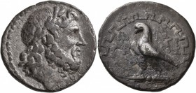 CARIA. Antioch ad Maeandrum. Circa 165-145. Tetradrachm (Silver, 28 mm, 15.31 g, 1 h), Meleagros, magistrate. Laureate head of Zeus to right. Rev. AN/...