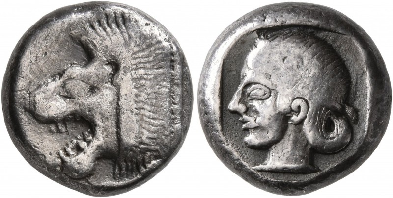 CARIA. Knidos. Circa 490-465 BC. Drachm (Silver, 15 mm, 6.08 g, 12 h). Head of a...