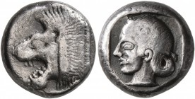 CARIA. Knidos. Circa 490-465 BC. Drachm (Silver, 15 mm, 6.08 g, 12 h). Head of a roaring lion to left. Rev. Head of Aphrodite to left within incuse sq...