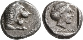 CARIA. Knidos. Circa 394-390 BC. Drachm (Silver, 14 mm, 3.51 g, 7 h). Forepart of a roaring lion to right. Rev. KNIΔIΩN Head of Aphrodite to right, he...