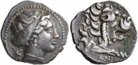 CARIA. Knidos. Circa 300-225 BC. Drachm (Silver, 16 mm, 3.00 g, 1 h), Theumelon, magistrate. Head of Aphrodite to right, her hair bound in a sphendone...