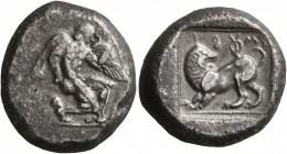 CARIA. Uncertain. Circa 480-460 BC. Stater (Silver, 20 mm, 11.54 g, 4 h). Winged male figure, nude, with winged heels, in kneeling stance to right; Ca...