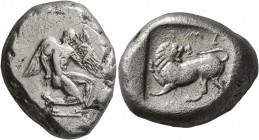 CARIA. Uncertain. Circa 480-460 BC. Stater (Silver, 21 mm, 11.79 g, 4 h). Winged male figure, nude, with winged heels, in kneeling stance to right; Ca...