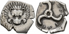 DYNASTS OF LYCIA. Trbbenimi, circa 390-370 BC. 1/3 Stater (Silver, 18 mm, 3.14 g). Facing lion's scalp. Rev. [&#66199;&#66197;]&#66178;-&#66178;&#6620...