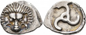 DYNASTS OF LYCIA. Perikles, circa 380-360 BC. 1/3 Stater (Silver, 18 mm, 2.78 g), Limyra. Facing lion's scalp. Rev. &#66195;&#66177;-&#66197;&#66182;-...