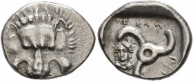 DYNASTS OF LYCIA. Perikles, circa 380-360 BC. 1/3 Stater (Silver, 15-16 mm, 3.00 g). Facing lion's scalp. Rev. &#66195;&#66177;[&#66197;]-&#66182;&#66...