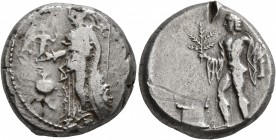 PAMPHYLIA. Side. Circa 400-380 BC. Stater (Silver, 20 mm, 10.57 g, 5 h). Athena standing left, holding Nike in her right hand and shield with her left...
