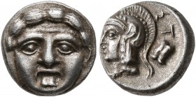 PISIDIA. Selge. Circa 350-300 BC. Obol (Silver, 9 mm, 1.04 g, 12 h). Facing gorgoneion with protruding tongue. Rev. ΣΤ Head of Athena to left, wearing...