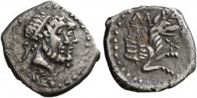LYCAONIA. Laranda. Circa 324/3 BC. Obol (Silver, 11 mm, 0.61 g, 12 h). Jugate diademed male heads to right; palm frond below neck. Rev. ΛAPAN Forepart...