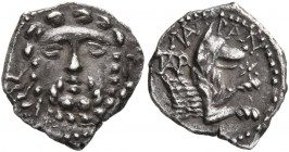 LYCAONIA. Laranda. Circa 324/3 BC. Obol (Silver, 12 mm, 0.72 g, 1 h). Head of bearded Herakles facing with olive branch to left. Rev. ΛΑ-ΡΑΝ Forepart ...