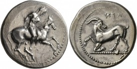 CILICIA. Kelenderis. Circa 350-330 BC. Stater (Silver, 24 mm, 10.00 g, 8 h). Nude, youthful rider on horse prancing to right, preparing to jump off. R...