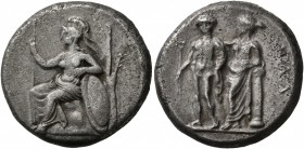CILICIA. Mallos. Circa 385-375 BC. Stater (Silver, 21 mm, 10.11 g, 9 h). Athena seated left, holding spear with her right hand and arm resting left on...
