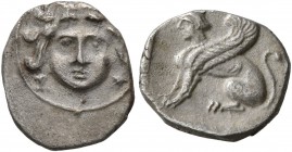 CILICIA. Mallos (?). Circa 375-340 BC. Obol (Silver, 11 mm, 0.78 g, 3 h). Gorgoneion facing, wearing triple-pendant earrings. Rev. Sphinx seated to le...