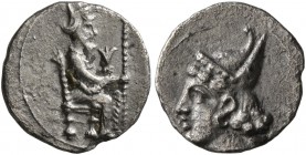 CILICIA. Myriandros. Mazaios , satrap of Cilicia, 361/0-334 BC. Obol (Silver, 10 mm, 0.54 g, 3 h). Persian King (Artaxerxes III?) seated right on thro...