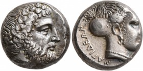 CILICIA. Nagidos. Circa 400-385/4 BC. Stater (Silver, 18 mm, 10.84 g, 9 h). Head of Dionysos to right, wearing ivy wreath. Rev. NAΓIΔEΩN Head of Aphro...