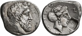 CILICIA. Nagidos. Circa 380 BC. Stater (Silver, 23 mm, 10.00 g, 1 h). Head of Dionysos to right, wearing wreath of ivy. Rev. N[A]ΓIΔIKON Head of Aphro...