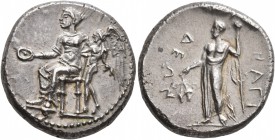 CILICIA. Nagidos. Circa 380-360 BC. Stater (Silver, 22 mm, 10.74 g, 12 h). Aphrodite seated to left, holding phiale in her right hand and placing her ...
