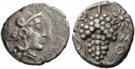 CILICIA. Soloi. Circa 410-375 BC. Obol (Silver, 9 mm, 0.64 g, 9 h). Head of Athena to right, wearing crested Attic helmet. Rev. ΣO[ΛIKON] Grape bunch ...