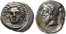 CILICIA. Tarsos. Circa 380-361/0 BC. Obol (Silver, 9 mm, 0.73 g, 2 h). Head of a female facing slightly to left. Rev. Bearded male head (of Ares?) to ...