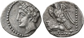 CILICIA. Uncertain. 4th century BC. Obol (Silver, 11 mm, 0.73 g, 11 h). Youthful male head to left, wearing wreath of grain ears. Rev. Eagle, with spr...