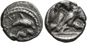 PHOENICIA. Tyre. Circa 440-425 BC. 1/16 Shekel (Silver, 8 mm, 0.65 g, 3 h). Dolphin leaping right above two lines of waves; Phoenician MR above; [mure...