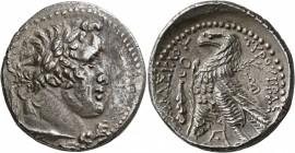 PHOENICIA. Tyre. 126/5 BC-AD 65/6. Shekel (Silver, 30 mm, 13.69 g, 1 h), CY 70 = 57/6 BC. Laureate head of Melkart to right, lion skin tied around nec...