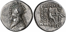KINGS OF PARTHIA. Sinatrukes, 93/2-70/69 BC. Drachm (Silver, 17 mm, 4.01 g, 12 h), Rhagai. Diademed and draped bust of Sinatrukes to left, wearing tia...
