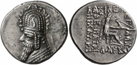 KINGS OF PARTHIA. Sinatrukes, 93/2-70/69 BC. Drachm (Silver, 19 mm, 4.12 g, 12 h), Rhagai. Diademed and draped bust of Sinatrukes to left, wearing tia...