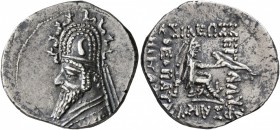 KINGS OF PARTHIA. Sinatrukes, 93/2-70/69 BC. Drachm (Silver, 20 mm, 4.03 g, 1 h), Rhagai. Diademed and draped bust of Sinatrukes to left, wearing tiar...