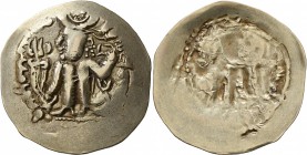HUNNIC TRIBES, Alchon Huns. Adomano , Mid-late 5th century. Dinar (Electrum, 33 mm, 7.02 g), uncertain mint in Bactria. Kushano-Sasanian style figure ...