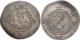 SASANIAN KINGS. Khosrau II, 591-628. Drachm (Silver, 33 mm, 3.86 g, 3 h), AHM (Hamadān) mint, RY 31 = 622 AD. Crowned bust of Khosrau II to right, rib...
