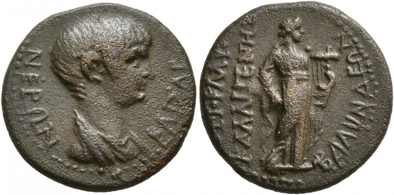 LYDIA. Blaundus. Nero , 54-68. Hemiassarion (Bronze, 18 mm, 4.02 g, 1 h), Tiberi...
