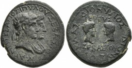 LYDIA. Magnesia ad Sipylum. Augustus, with Livia, Caius, and Lucius , 27 BC-AD 14. Hemiassarion (Bronze, 20 mm, 5.88 g, 1 h), Dionysios Kilas, son of ...