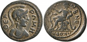 LYDIA. Sardis. Pseudo-autonomous issue . Hemiassarion (Bronze, 20 mm, 4.08 g, 6 h), time of the Severans, 193-235. ΘЄA PΩMH Draped bust of Roma to rig...