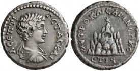 CAPPADOCIA. Caesaraea-Eusebia. Geta , as Caesar, 198-209. Drachm (Silver, 17 mm, 3.18 g, 12 h), RY 16 of Septimius Severus = 207/8. Λ CЄΠTI ΓЄTAC KAI ...