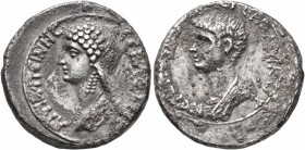 SYRIA, Seleucis and Pieria. Antioch. Nero, with Agrippina Junior , as Caesar, 50-54. Didrachm (Silver, 20 mm, 6.81 g, 12 h). AΓPIΠΠEINHC CEBACTHC Drap...