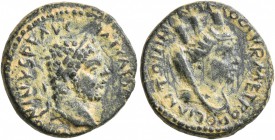 MESOPOTAMIA. Carrhae. Caracalla , 198-217. AE (Bronze, 14 mm, 2.53 g, 6 h). M AVR ANTONINVS P F AVG Laureate head of Caracalla to right. Rev. COL AVR ...