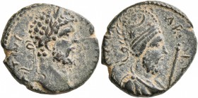 MESOPOTAMIA. Edessa. Septimius Severus, with Abgar VIII , 193-211. Assarion (Bronze, 20 mm, 4.88 g, 8 h). [AYTOKPA CЄOYHPOC] (or similar) Laureate hea...