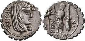 L. Postumius Albinus, 131 BC. Denarius (Silver, 19 mm, 4.01 g, 1 h), Rome. HISPAN Veiled head of Hispania to right. Rev. A - POST•A•F - •S•N - AL BIN ...