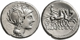 Appius Claudius Pulcher, T. Manlius Mancius and Q. Urbinius, 111-110 BC. Denarius (Subaeratus, 18 mm, 2.75 g, 11 h), Rome. Head of Roma to right, wear...