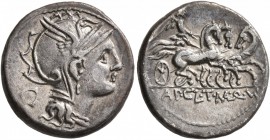 Appius Claudius Pulcher, T. Manlius Mancius and Q. Urbinius, 111-110 BC. Denarius (Silver, 17 mm, 3.85 g, 12 h), Rome. Head of Roma to right, wearing ...