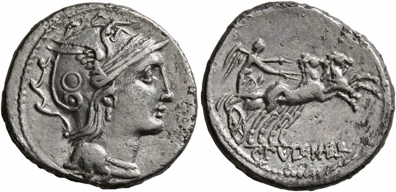 C. Claudius Pulcher, 110-109 BC. Denarius (Silver, 18 mm, 3.70 g, 5 h). Helmeted...