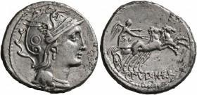 C. Claudius Pulcher, 110-109 BC. Denarius (Silver, 18 mm, 3.70 g, 5 h). Helmeted head of Roma to right. Rev. C•PVLCHER Victory driving fast biga to ri...